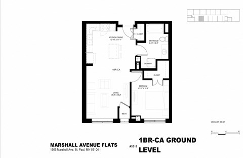 Floor plan for 1 bed, 1 bath, 602 sqft